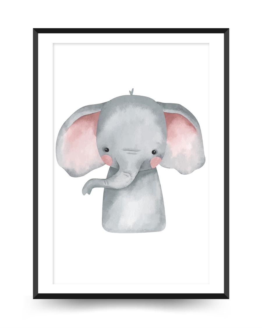 A poster of a Akvarell-elefant med grå kropp och rosa öron.