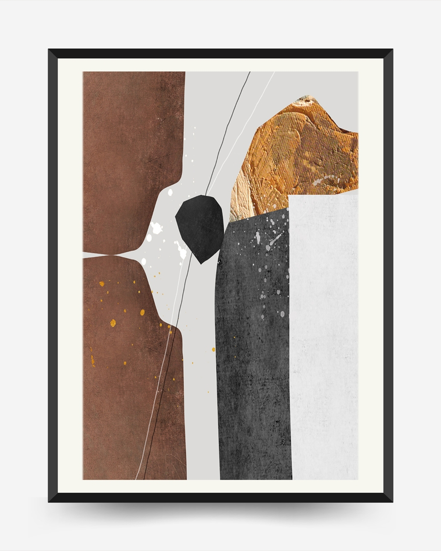 A poster of a abstract geometric shapes in earthy tones with gold