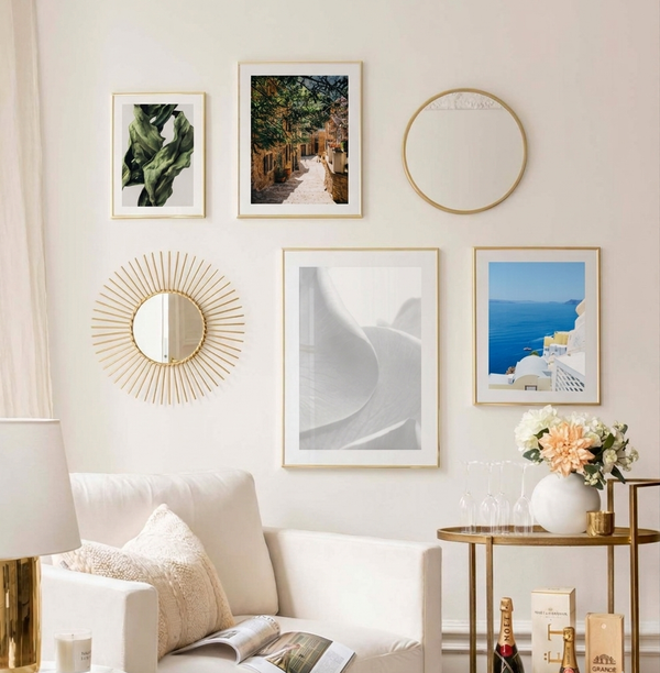 Light Harmony Wall - four posters in wooden frames on a bright wall