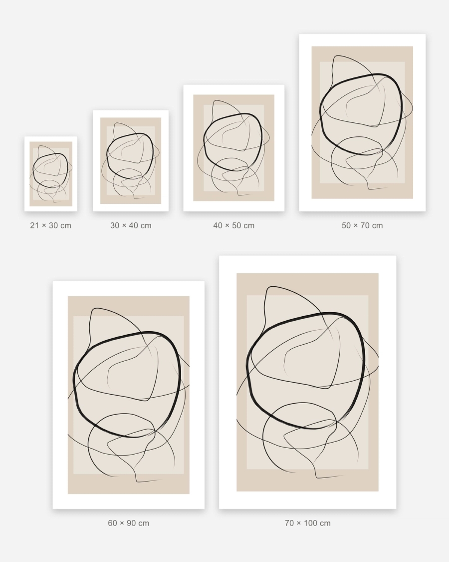 Drifting Ink Curves poster in 6 sizes, shown to scale: 21 × 30, 30 × 40, 40 × 50, 50 × 70, 60 × 90 and 70 × 100 cm