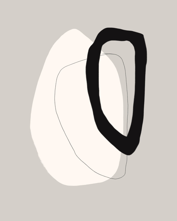 Abstract illustration with a thick black loop, a cream organic shape and a thin line on greige