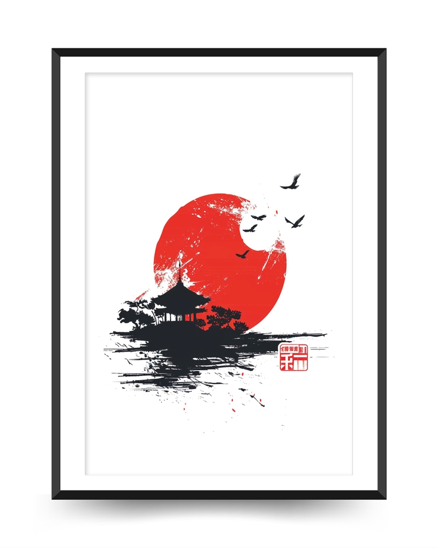 A poster of a Japandi art with red sun temple and birds
