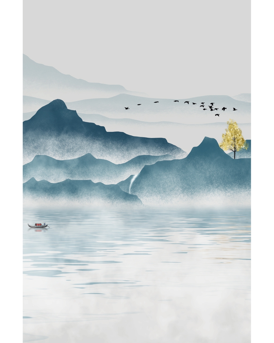Illustrated mountain lake with mist and flying birds