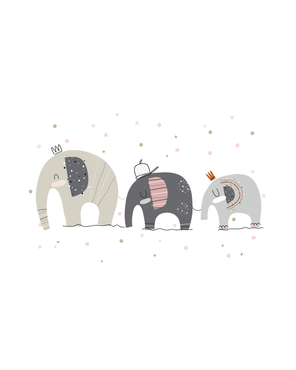 Three cute illustrated elephants in soft pastel colors