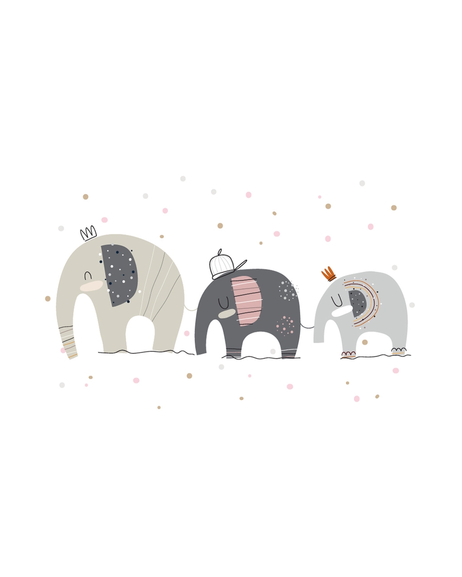 Three cute illustrated elephants in soft pastel colors