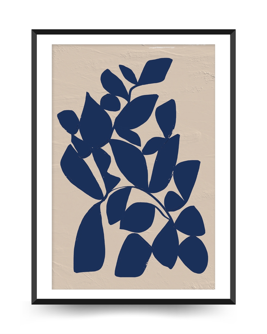 A poster of a Abstract navy leaves on textured beige background