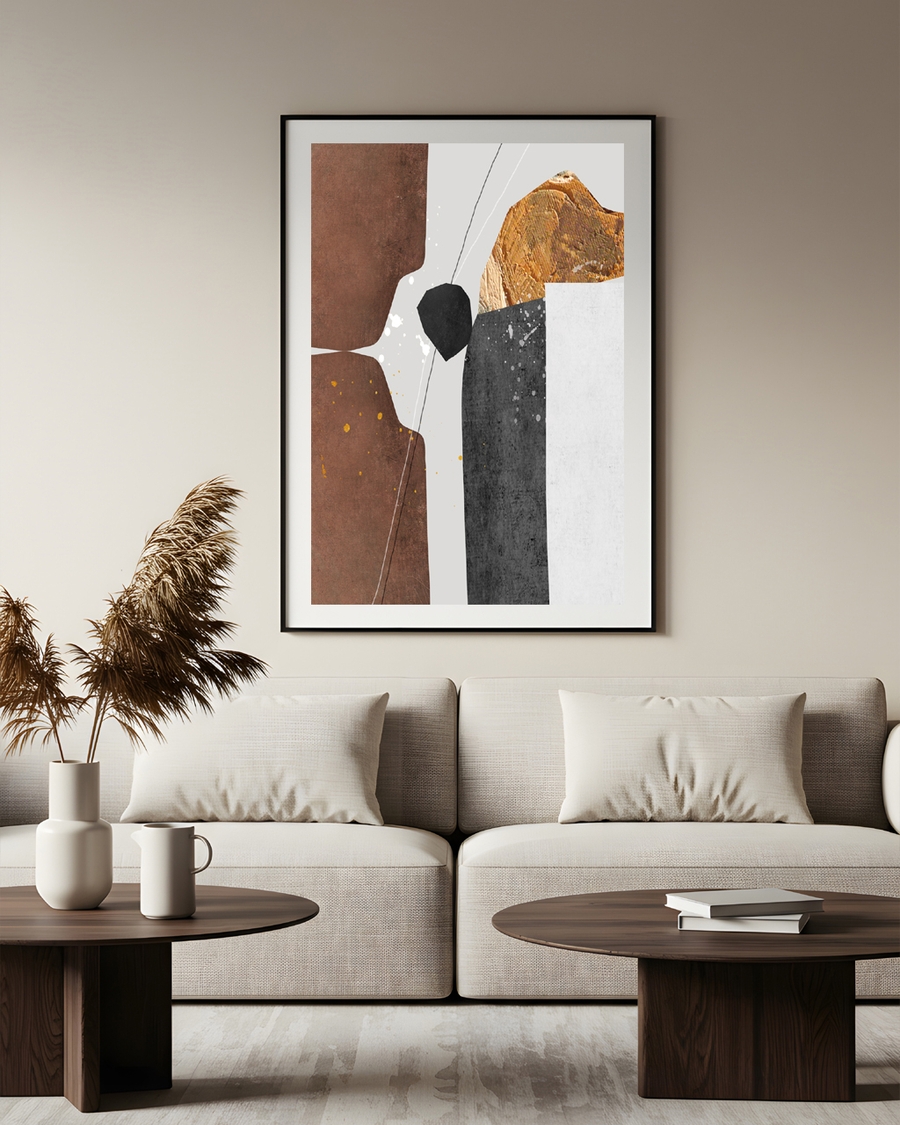 A poster of a abstract geometric shapes in earthy tones with gold