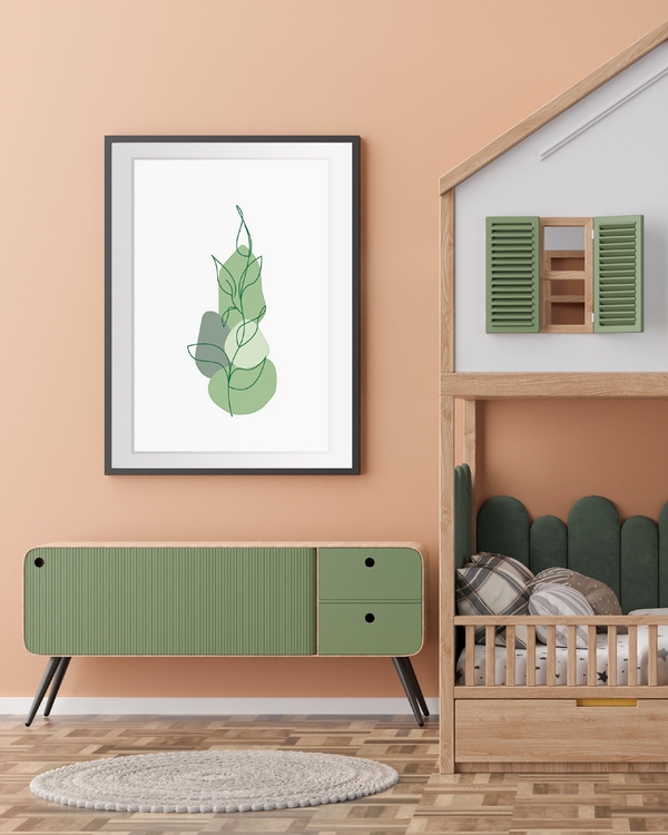 A poster of a Minimal green line plant over soft abstract shapes