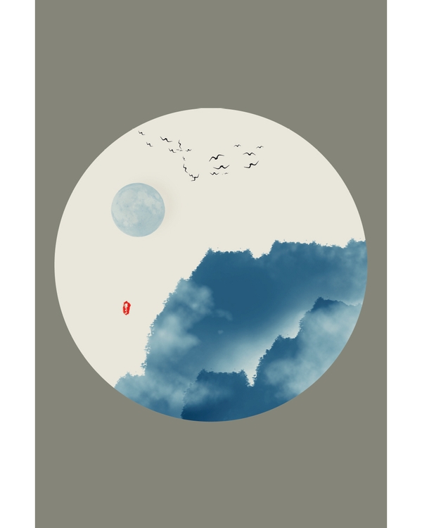 Japandi circle art with moon birds and blue forms