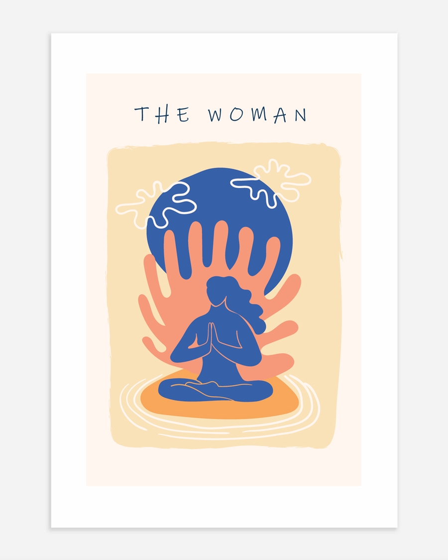 A poster of a Abstract meditating woman with hands and blue circle