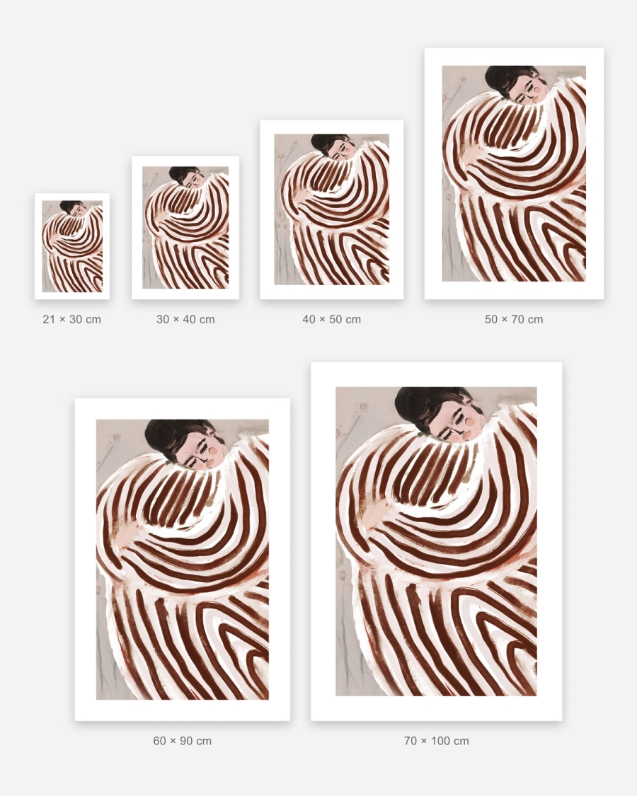 Dreaming in Rust poster in 6 sizes, shown to scale: 21 × 30, 30 × 40, 40 × 50, 50 × 70, 60 × 90 and 70 × 100 cm