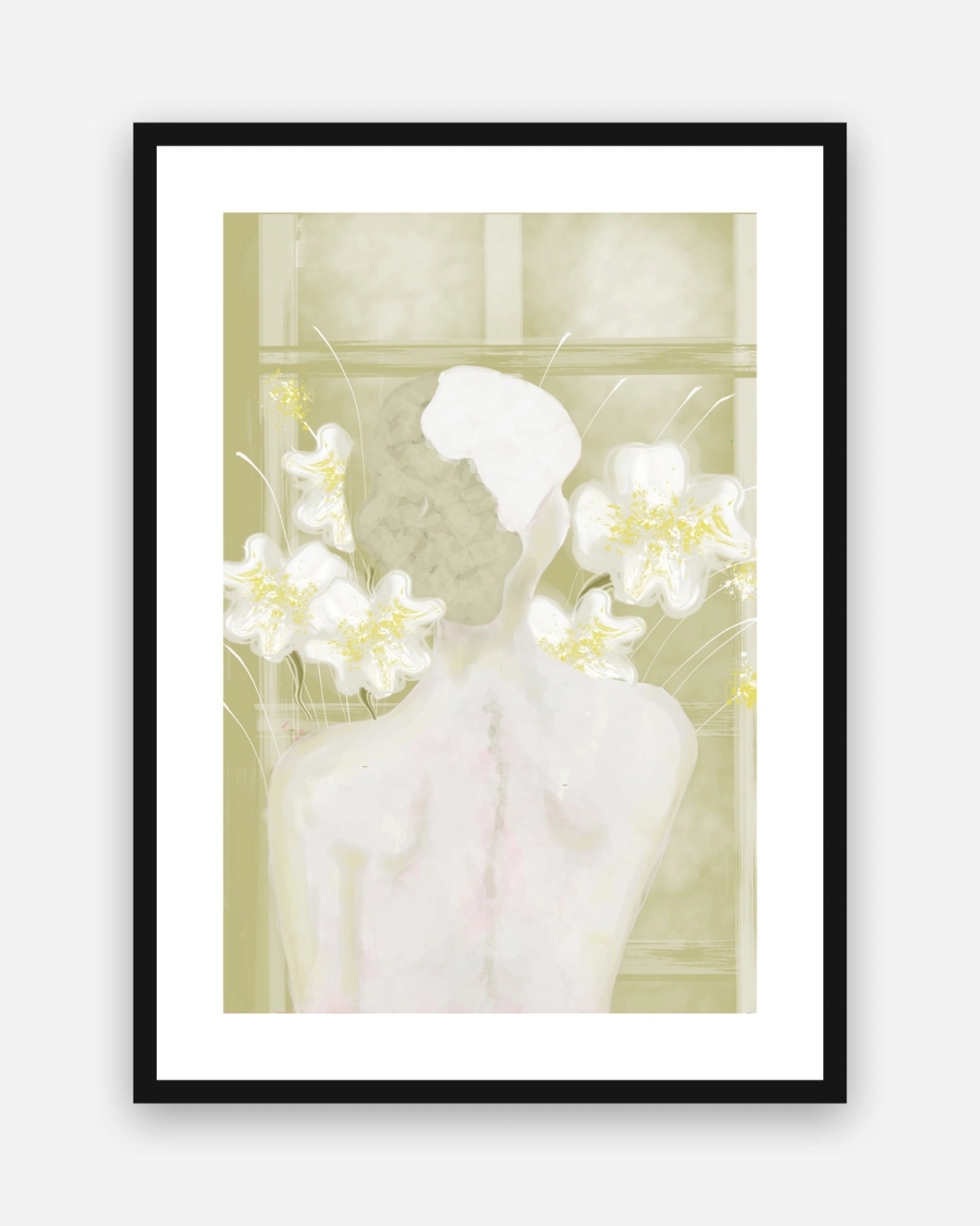 Blooming Shoulders poster with a white border in a black frame