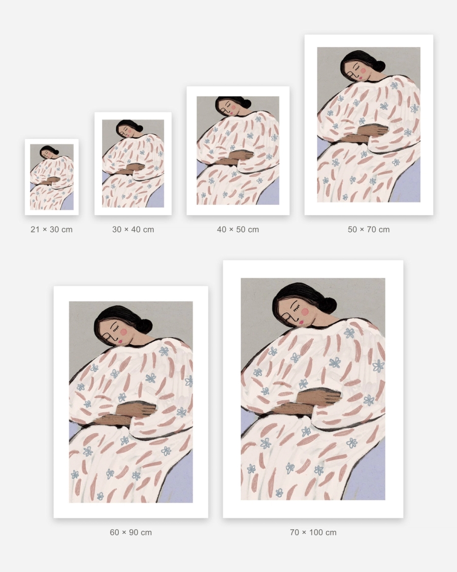 Dreaming in Blossoms poster in 6 sizes, shown to scale: 21 × 30, 30 × 40, 40 × 50, 50 × 70, 60 × 90 and 70 × 100 cm