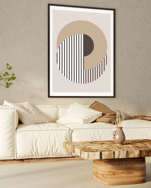 Abstract poster with beige circles and striped geometry.