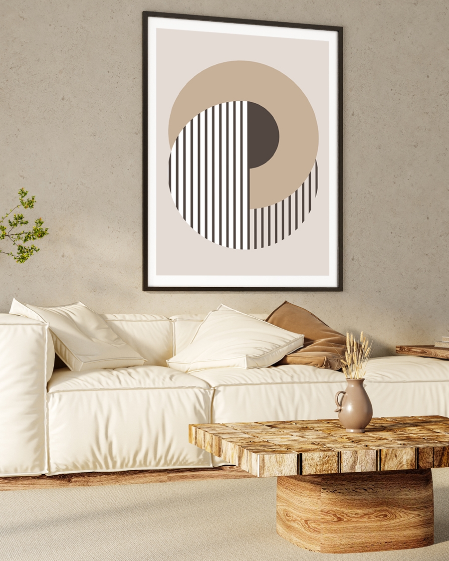 Abstract poster with beige circles and striped geometry.