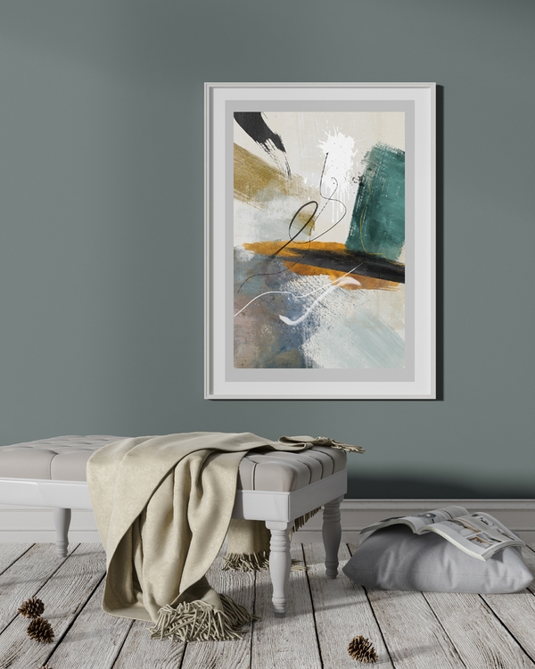 A poster of a abstract poster with teal, ochre, black brushstrokes and white splashes