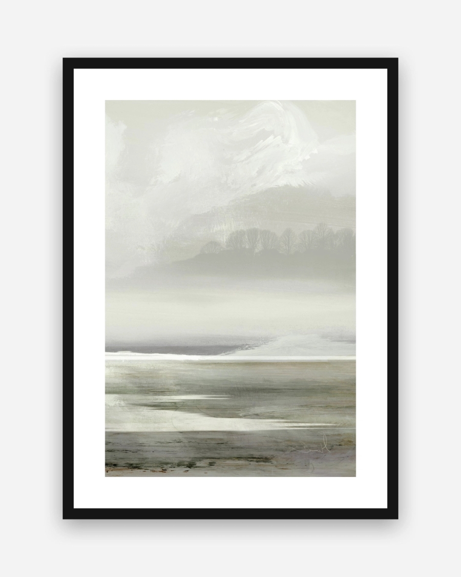 Misty Treeline poster with a white border in a black frame