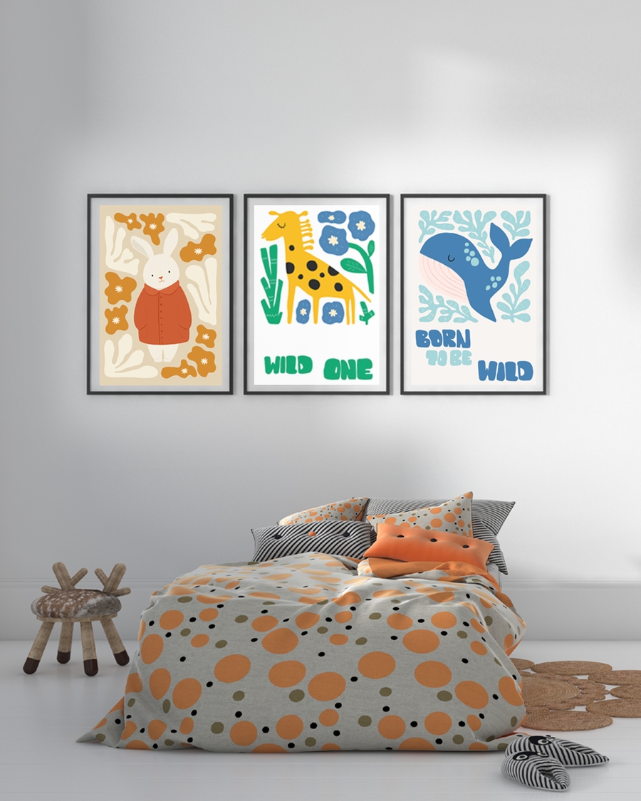 A poster of a Yellow giraffe with blue flowers and greenery