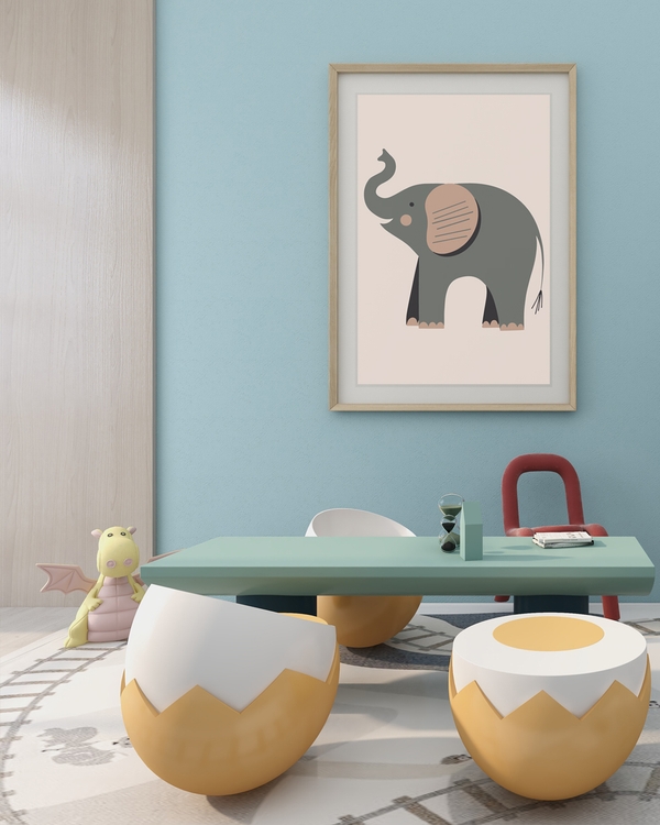 A poster of a Minimalistisk elefant i mjuka jordnära färger illustration