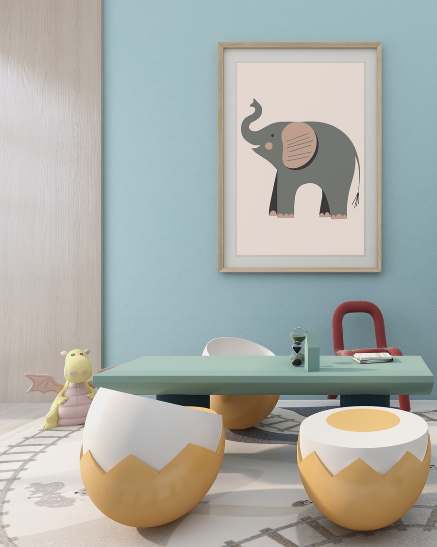 A poster of a Minimalistisk elefant i mjuka jordnära färger illustration