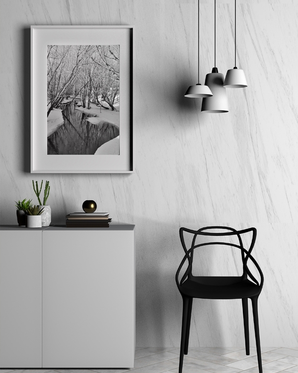 A poster of a Black and white winter stream through bare trees