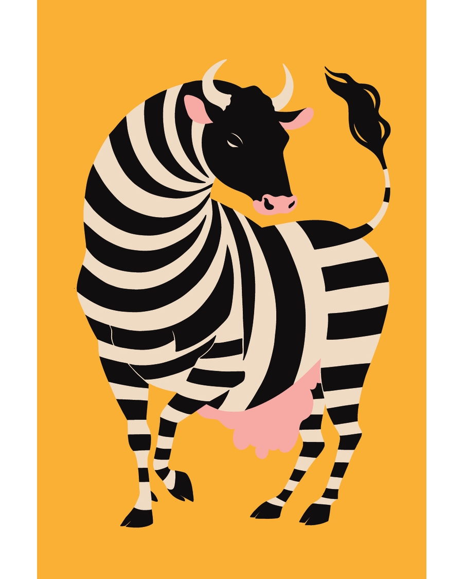 Striped cow illustration on warm yellow background