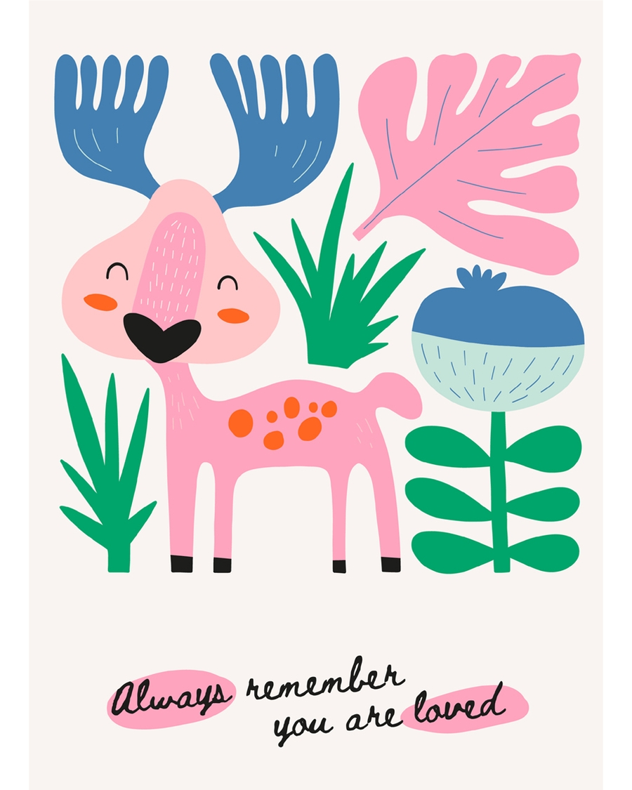 Pink moose with plants and love message