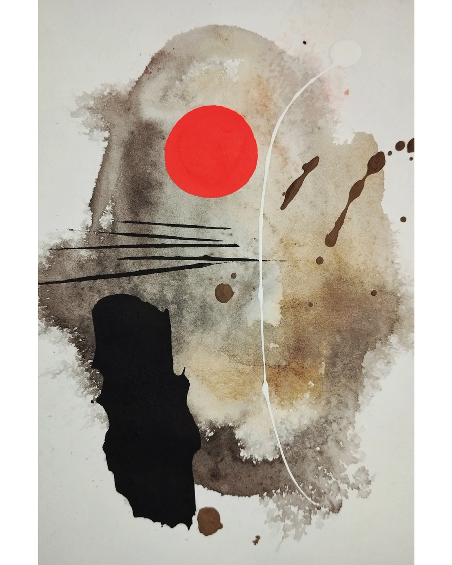 Abstract japandi art with red sun and textures