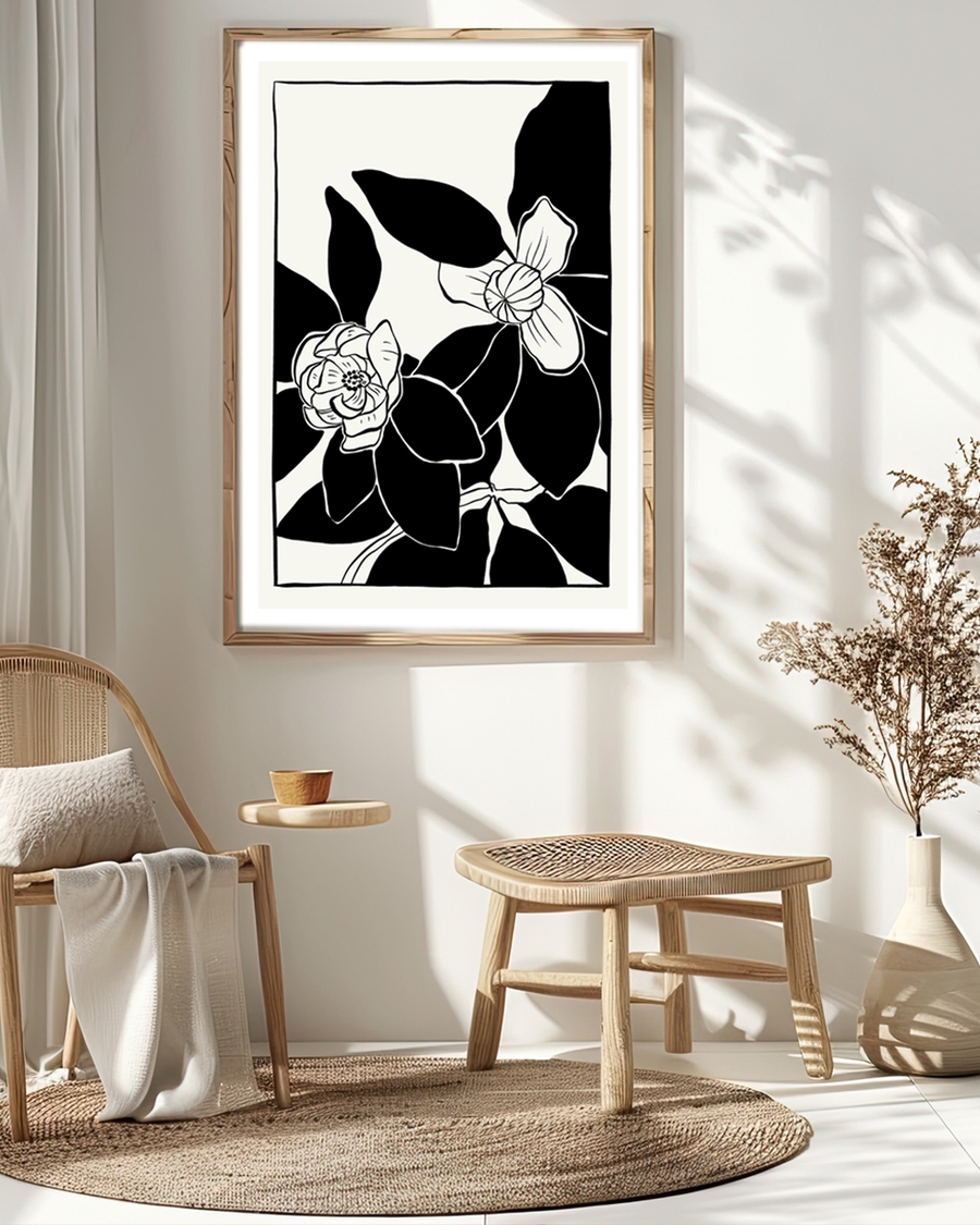 A poster of a black and white floral illustration with bold leaves