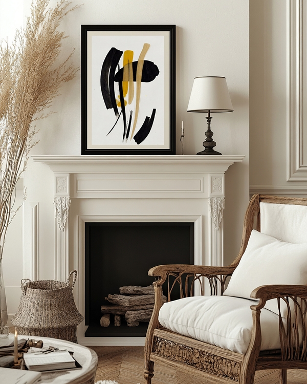 A poster of a abstract strokes in black and golden tones