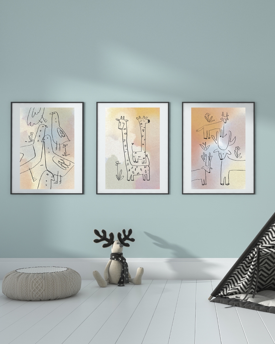 A poster of a Hand drawn bird illustration in soft nordic colors