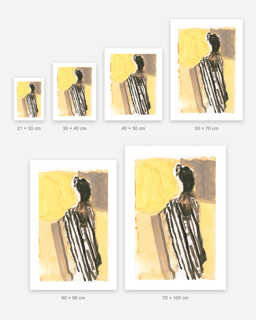 Sunlit Stripes poster in 6 sizes, shown to scale: 21 × 30, 30 × 40, 40 × 50, 50 × 70, 60 × 90 and 70 × 100 cm