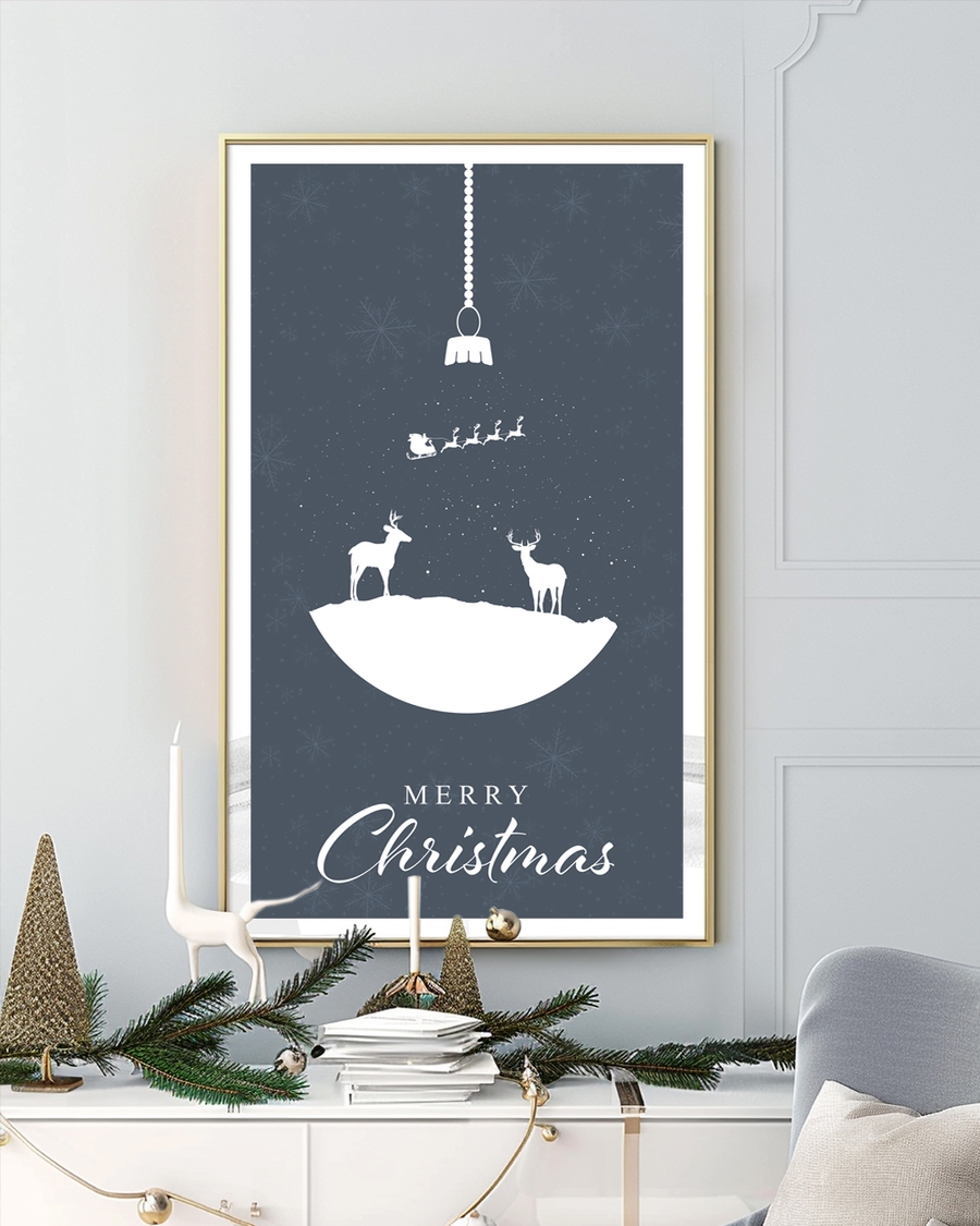 A poster of a minimalist Christmas poster with reindeer and ornament