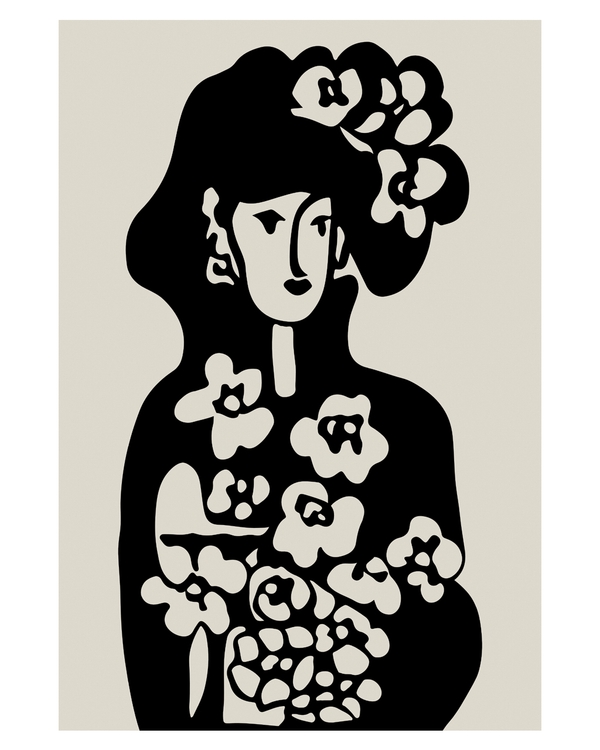 Black floral silhouette of a woman on beige background