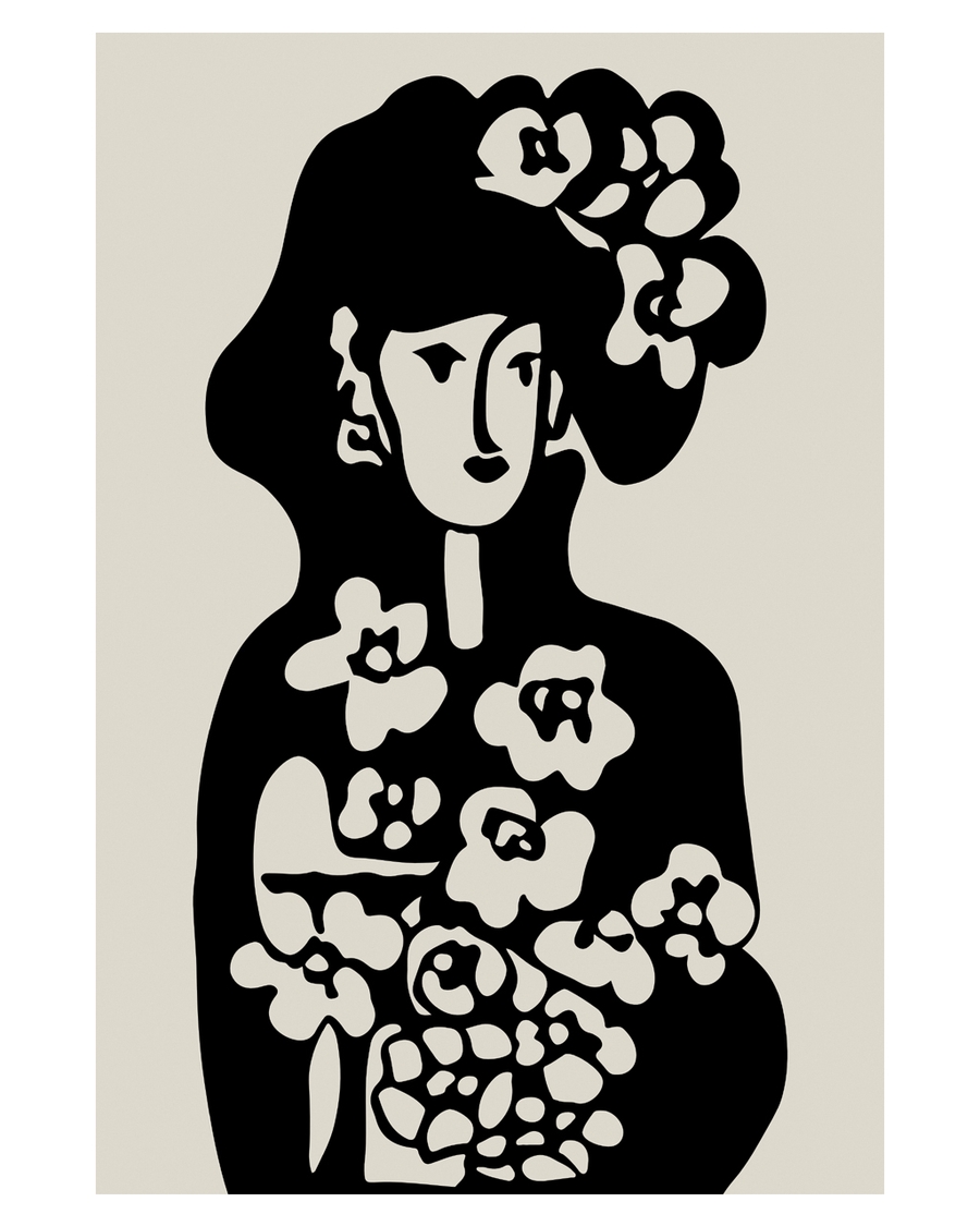 Black floral silhouette of a woman on beige background