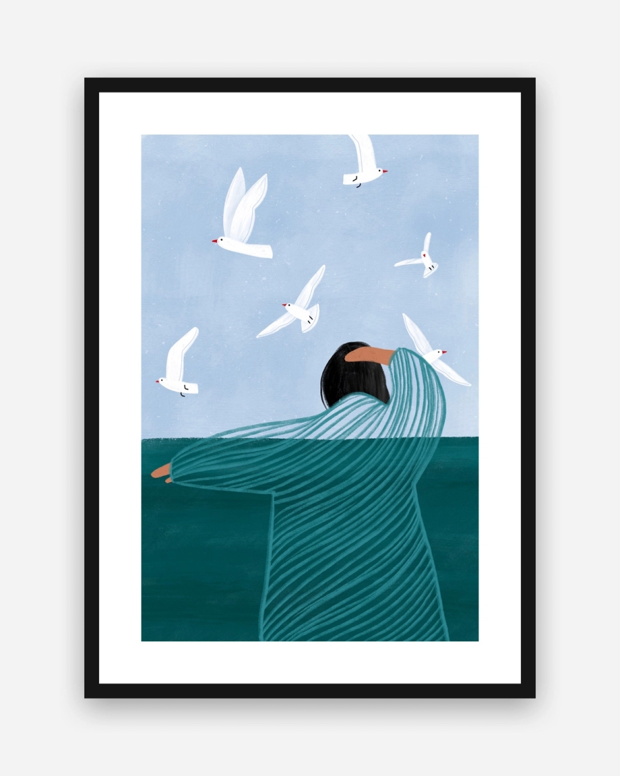 Among the Gulls poster with a white border in a black frame