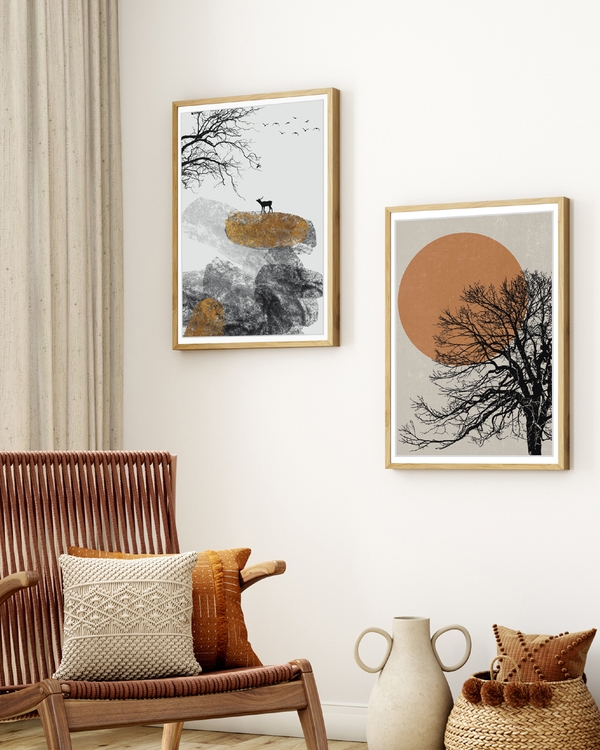 A poster of a Japandi tree silhouette with large terracotta sun