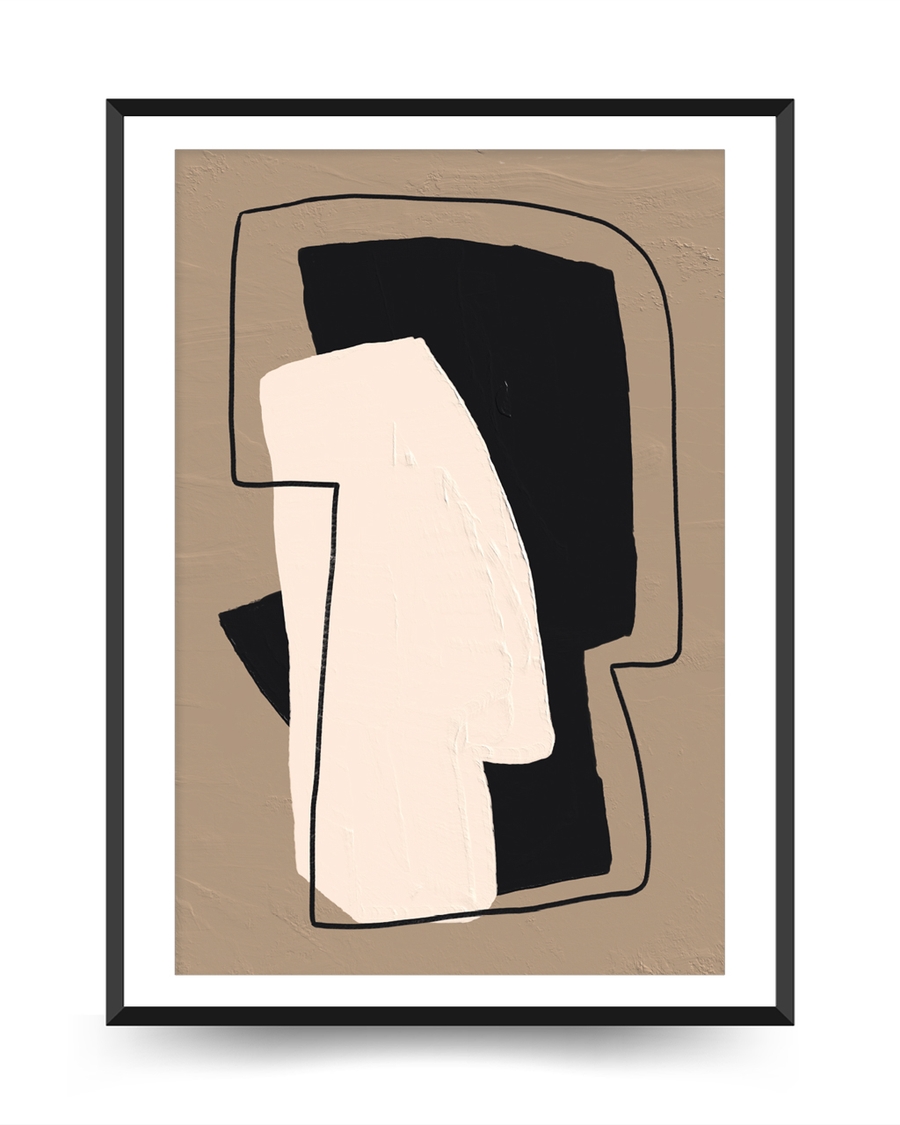 A poster of a Abstract beige and black block shapes outlined
