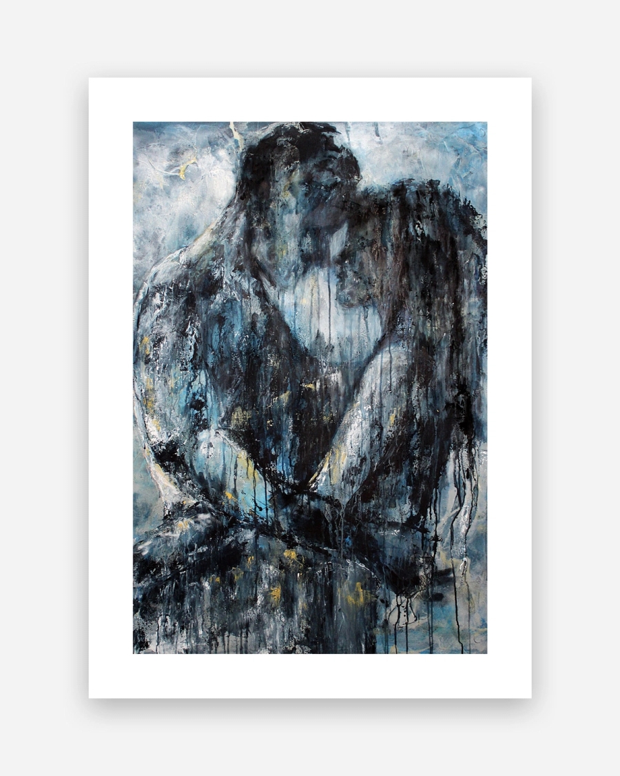 Blue Embrace poster with a white border, unframed on a light gray background