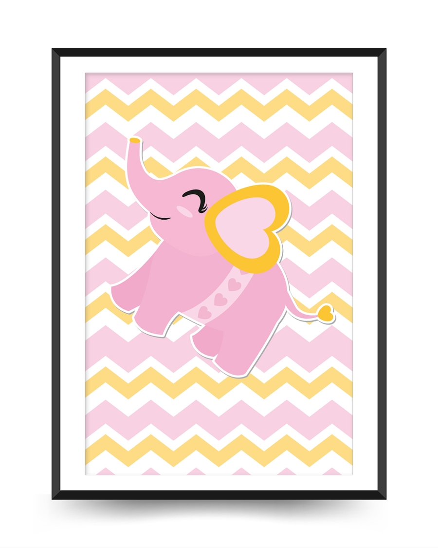 A poster of a Cute pink elephant illustration with heart details