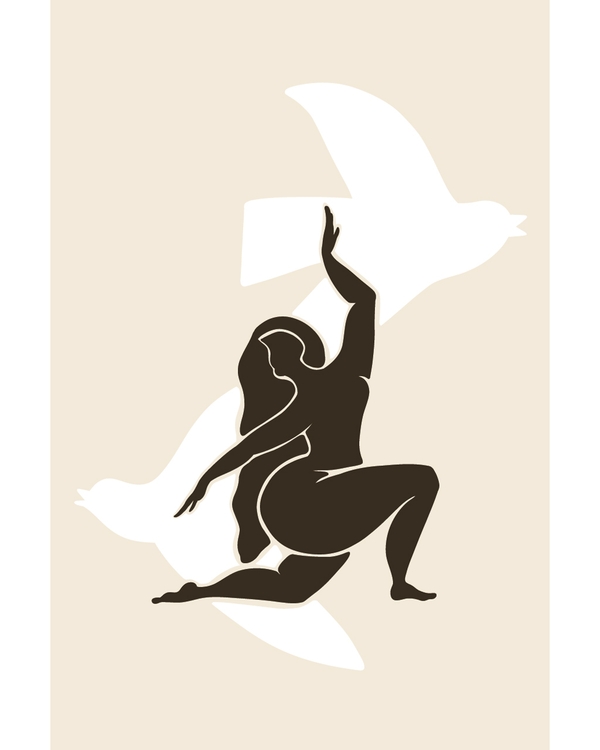 Abstract figure reaching toward white bird shapes