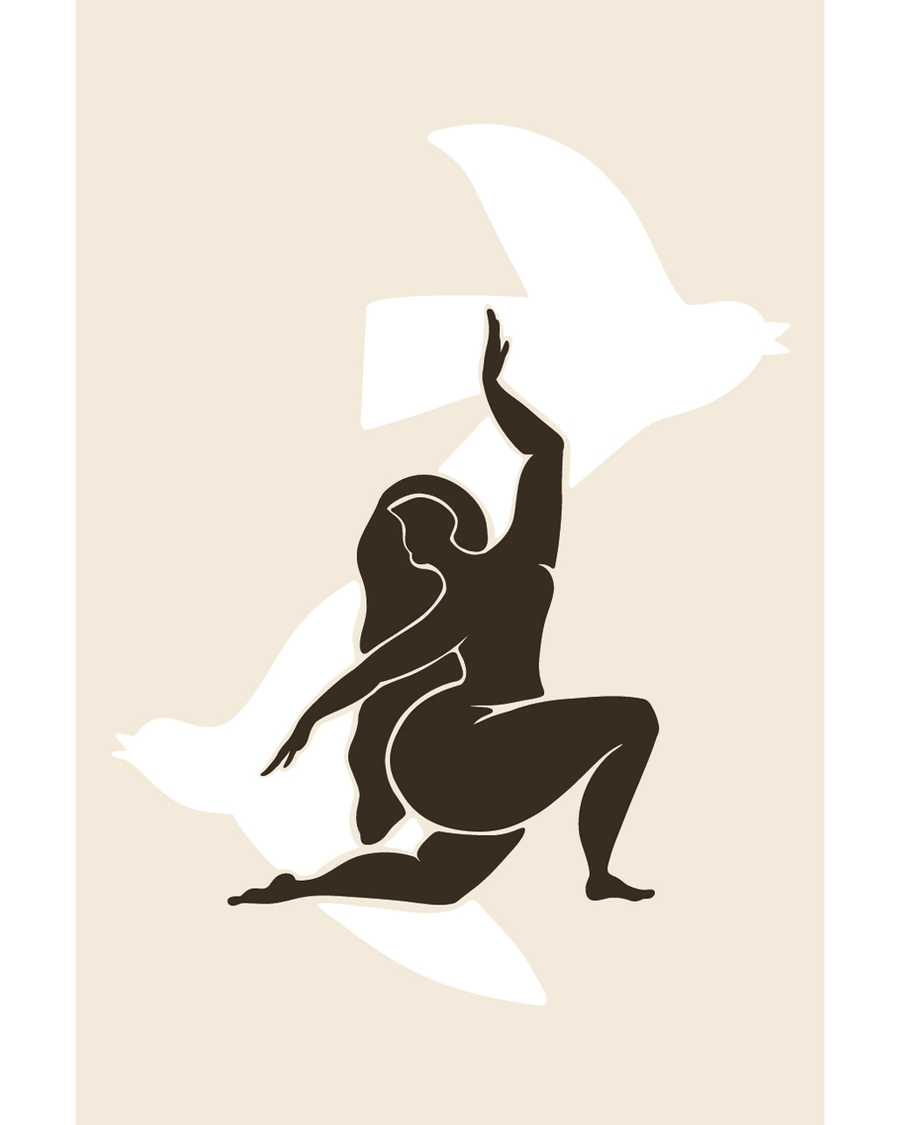 Abstract figure reaching toward white bird shapes