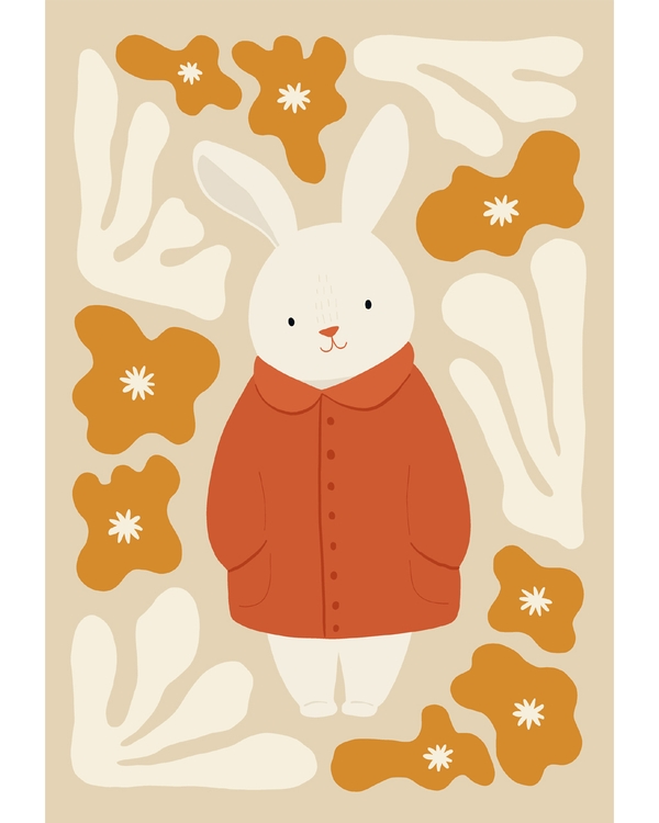 White bunny in rust coat among abstract blooms.