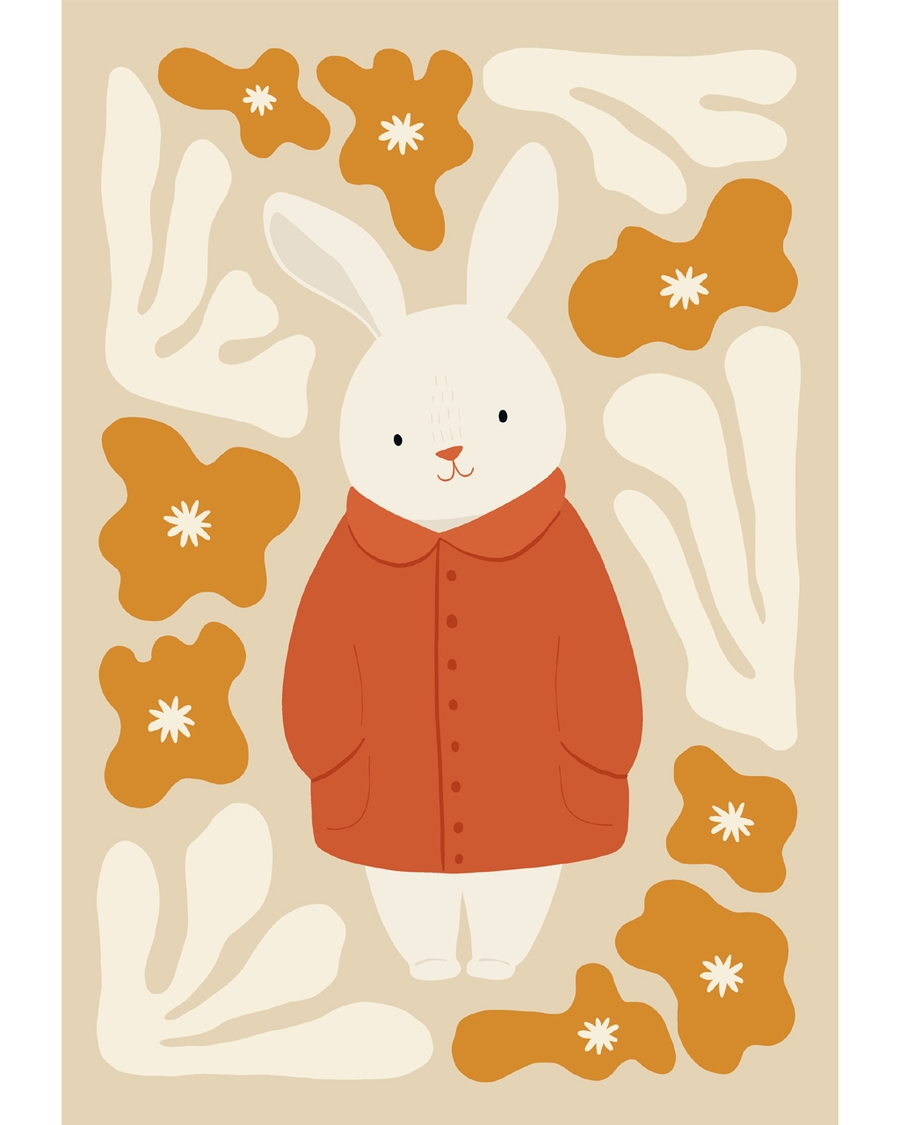 White bunny in rust coat among abstract blooms.
