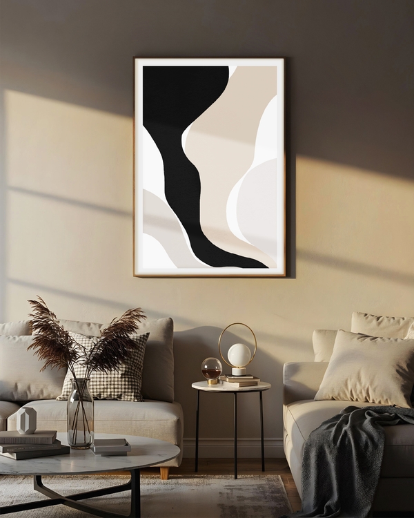 A poster of a abstract flowing shapes in black and beige tones