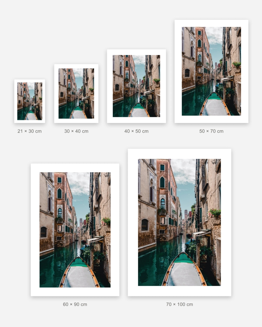 Venetian Waterway poster in 6 sizes, shown to scale: 21 × 30, 30 × 40, 40 × 50, 50 × 70, 60 × 90 and 70 × 100 cm
