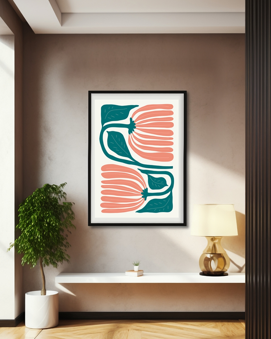A poster of a modern floral poster with coral petals and teal leaves