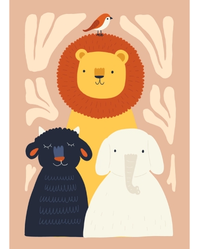 Lion, elephant, and sheep with tiny bird.
