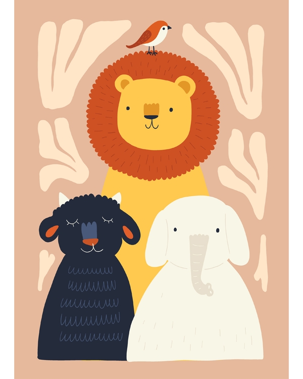 Lion, elephant, and sheep with tiny bird.
