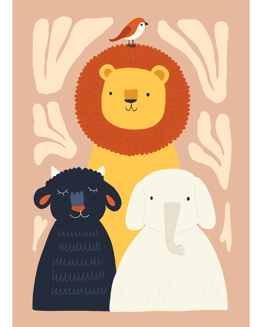 Lion, elephant, and sheep with tiny bird.